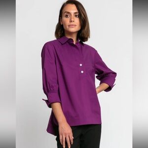 Hinson Wu Morgan 3/4 Ruched Fold Over Sleeve Top Cotton Blend Classic Henley